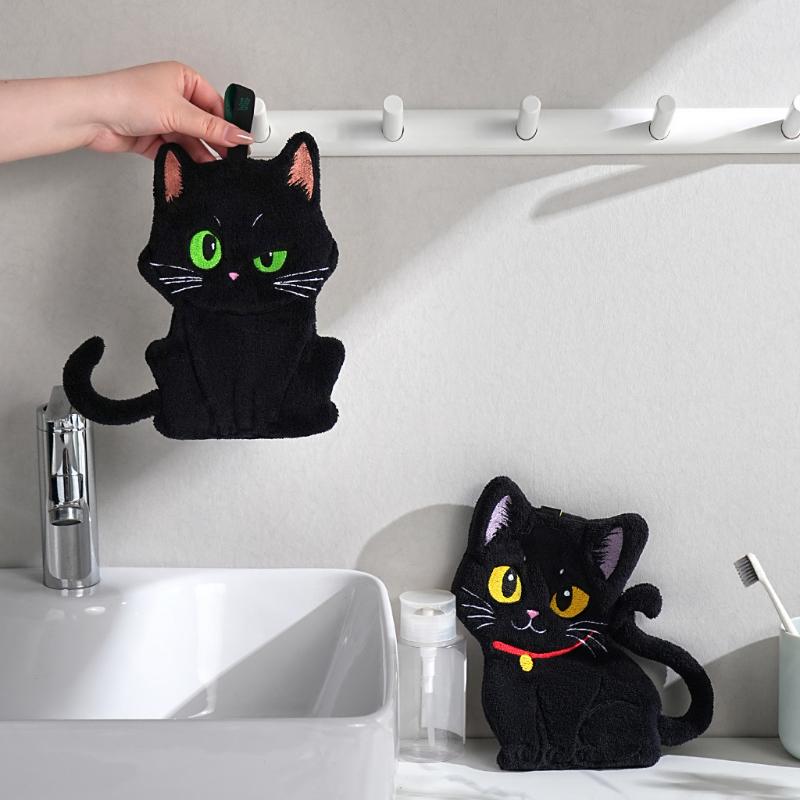 Cartoon Black Cat Hand Towel Animals Shape Absorbent Hand Cloth Kitchen Cleaning Wipe Cloth Kid Bathroom Hanging Towel