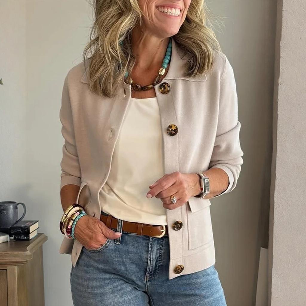 Women's Fashion Solid Color Collar Long Sleeve Button Pocket Jacket