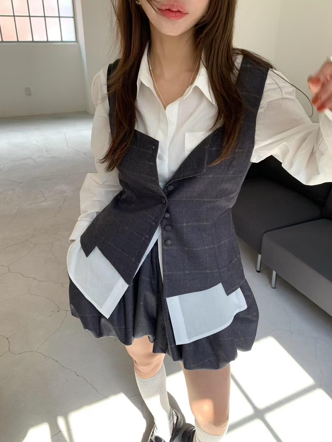 2026 Spring/Autumn Korean Plaid Vest & Lantern Pants Set for Women One Size серый