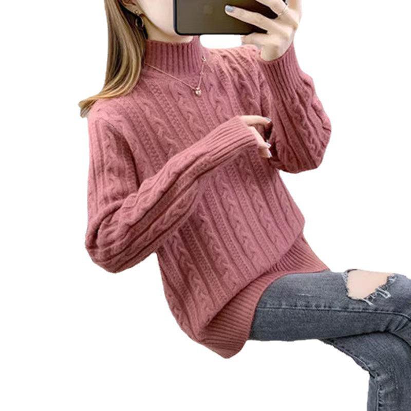 Women's 2026 Autumn/Winter Thick Cable Knit Sweater - Half-High Collar, Warm, Loose Fit Top