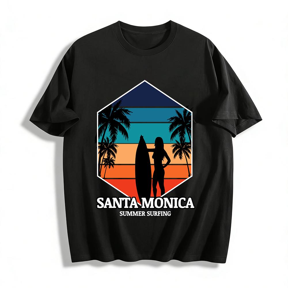 Santa Monica Summer Surfing Coconut Tree Print Casual T-Shirt Pure cotton T-shirt XXS
