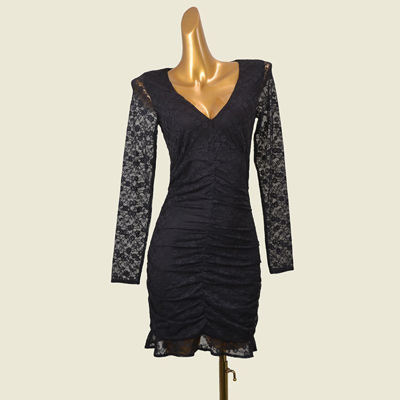 

Western Style Pleat Design Sense Long sleeve Hip Skirt Foreign Trade Lace V-neck Sexy Temperament Dress Black S