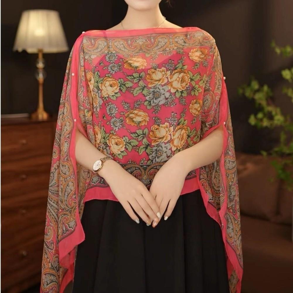 Flower Pattern Sun Protection Shawl Long Length Chiffon Scarf Breathable Shawl Outdoor Activities