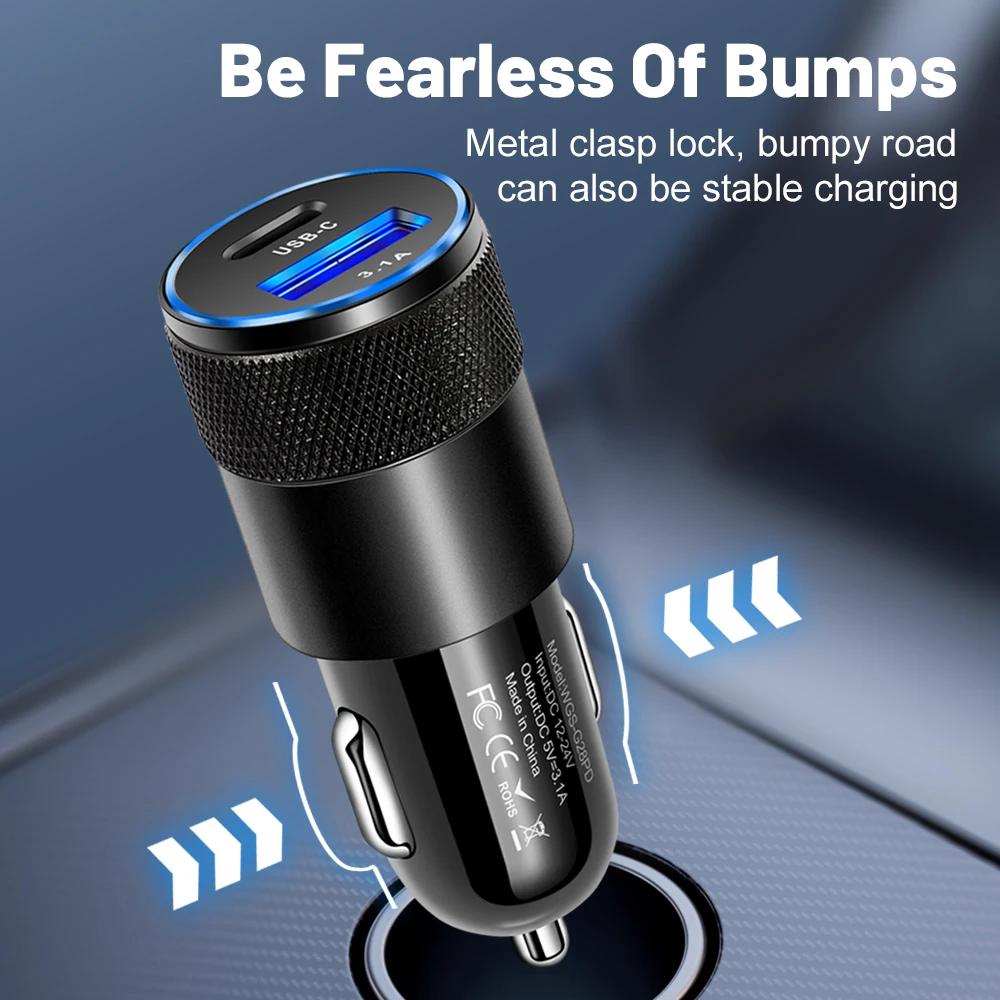 3.1A USB Car Charger Type C Fast Charging Phone Adapter For iPhone Xiaomi Huawei Phone Charger Adapter Socket Cigarette Lighter