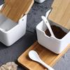 Simple Ceramic Seasoning Jar Bamboo Lid Spice Jar With Spoon Kitchen Sugar Salt Spices Storage Box Household Container