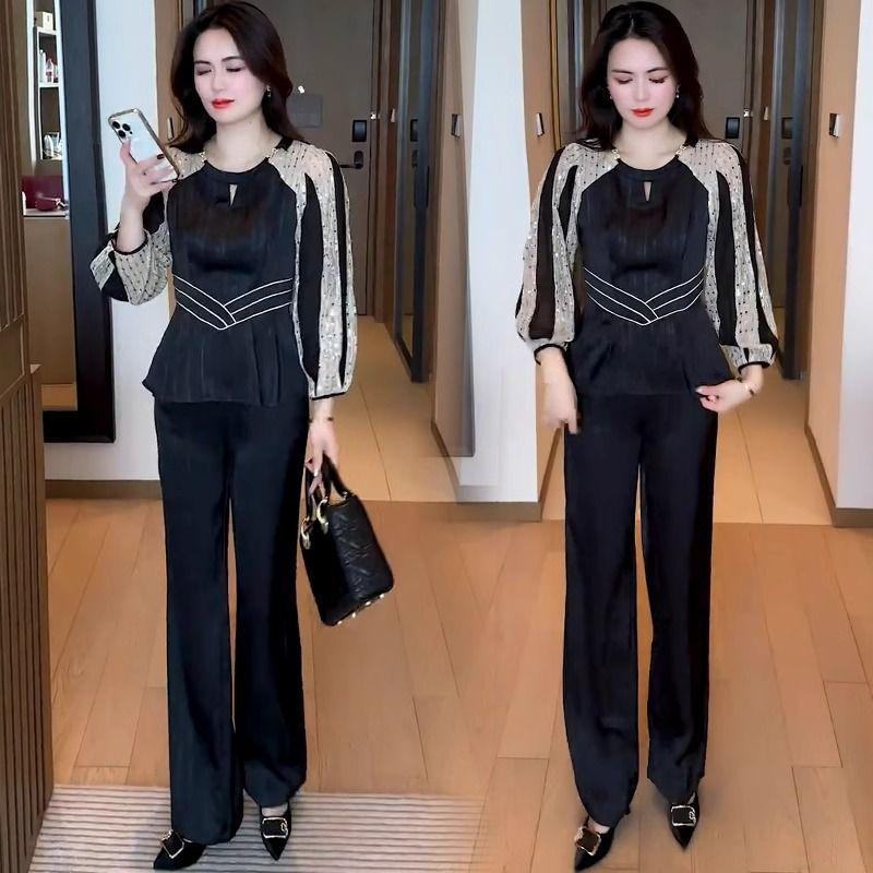 

2025 Trendy Women s Slimming Suit: Spring Full Set with Long Sleeve Top & Wide Leg Pants 4XL (145-160 lbs)