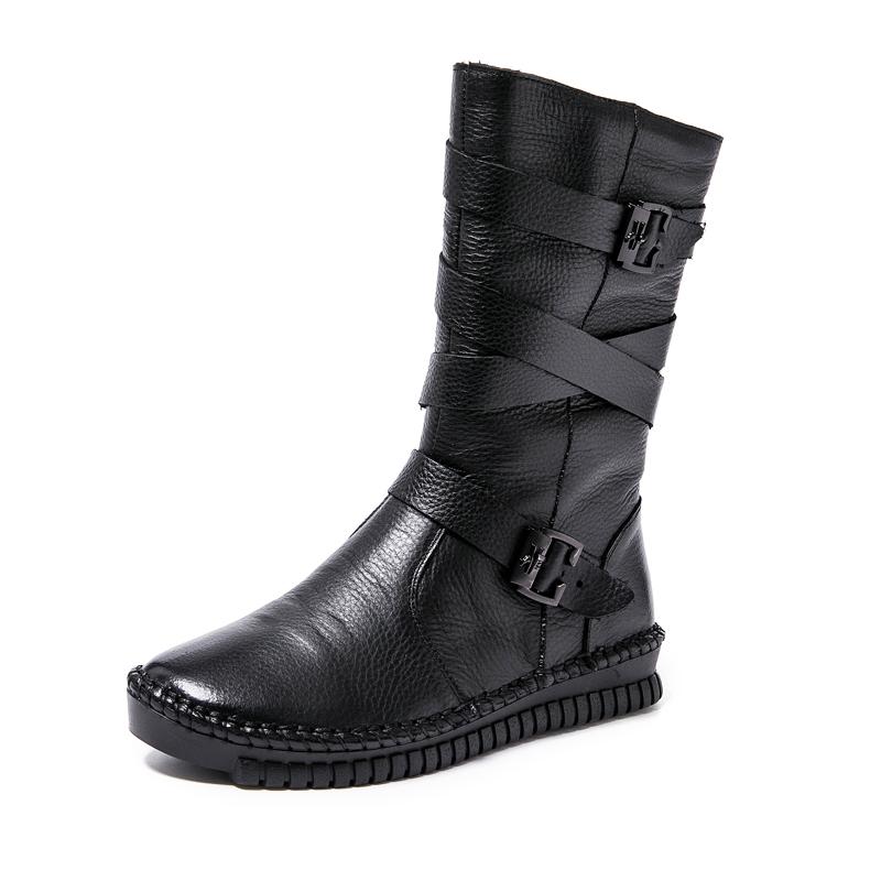 GKTINOO 2024 Women Boots Autumn Winter Shoes Soft Bottom 100% Genuine Leather Flat Mid Calf Boots Women Casual Warm Boot