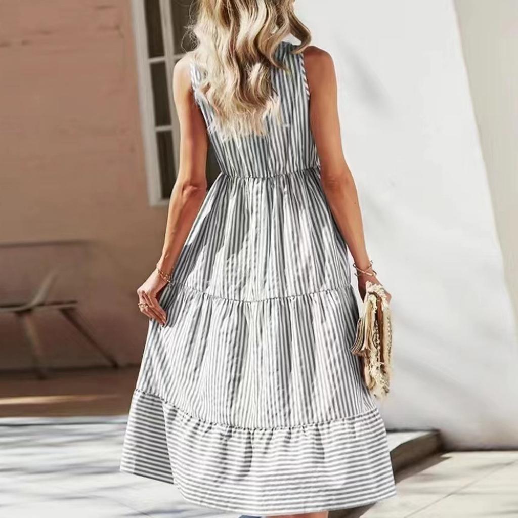 Women's Summer New Sleeveless Striped V-neck Waistcoat Dress