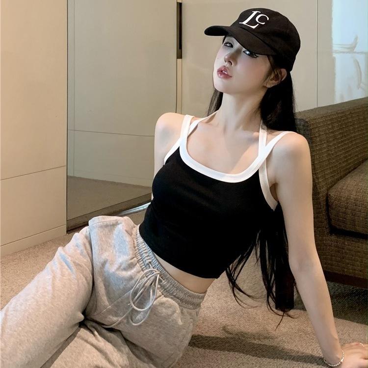 Contrast Color Trim U Neck Ribbed Sleeveless Crop Tank Top Slim Fit Camisole Black White Pink Khaki Women Basic Stretchy Summer Layering Vest