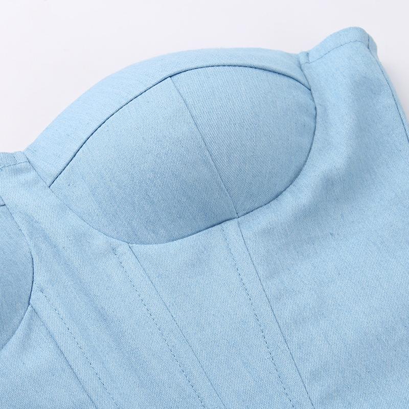 Top tubo de mezclilla sintética con copas para el busto a la moda para mujer Faja Spice Girl Top con escote pronunciado