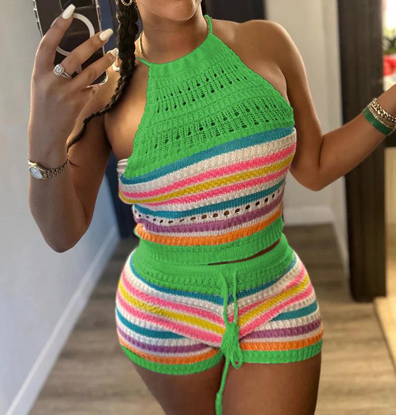 Women s 2025 Summer European Backless Halter Sweater & Bodycon Pants Set Large изумрудный/зелёный