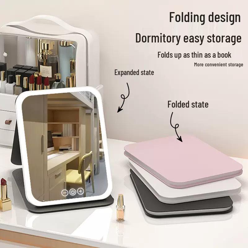 Folding LED Makeup Mirror with PU Leather Case - Portable for Dorm Use.