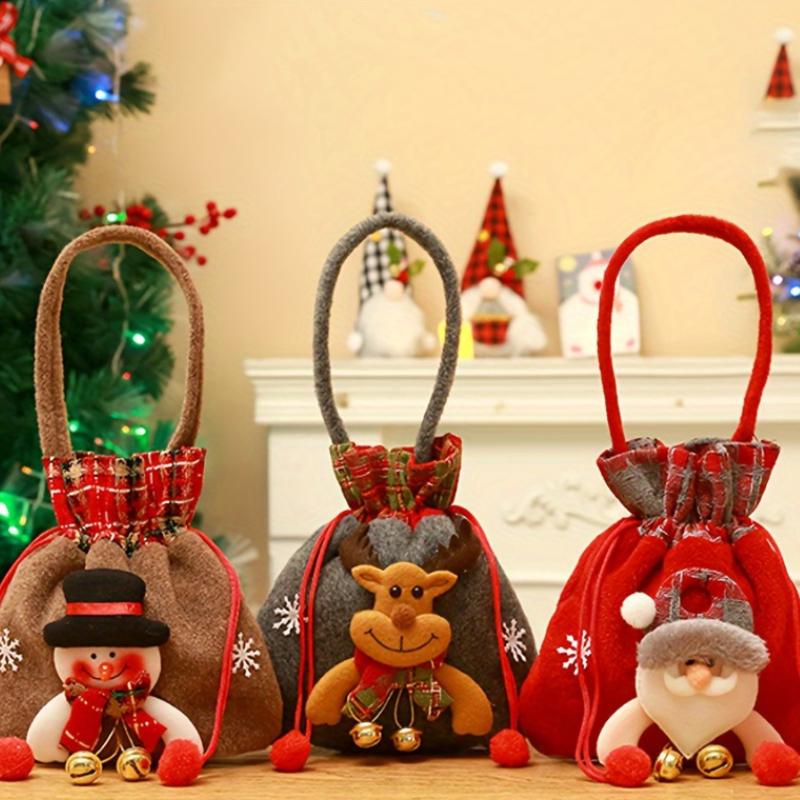 Canvas Christmas Gift Bags Set, 3pcs Festive Tote Bags with Santa & Reindeer Designs, Small Candy & Fruit Pouches, Holiday Gift