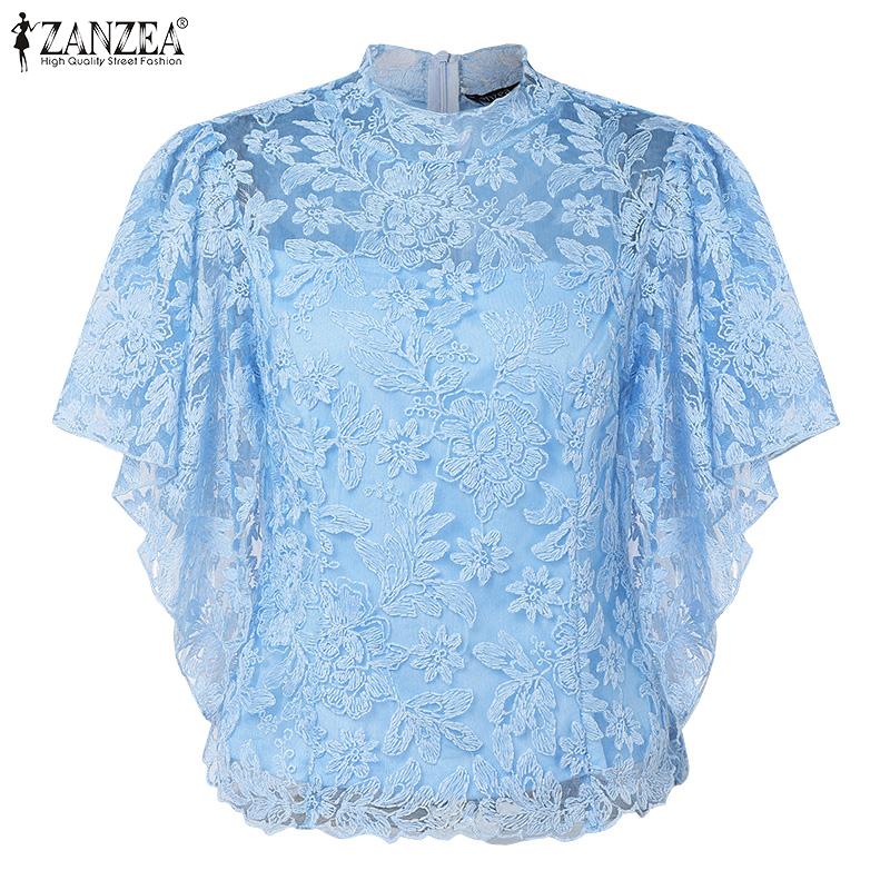 ZANZEA Women Casual Round Neck Ruffles Sleeve Summer Lace Blouse