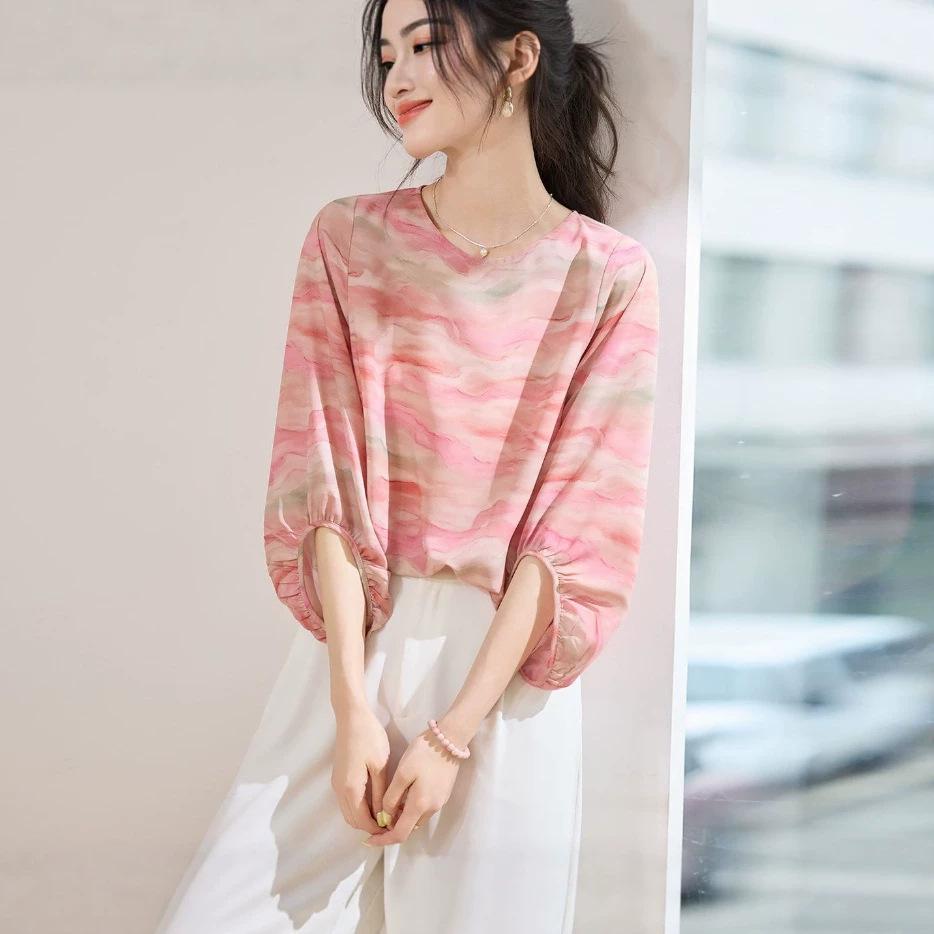 Summer new fashion light and cool smudged printed chiffon t-shirt women's slim shirt lantern sleeve top