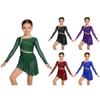 Glänzendes Strass-Asymmetrisches Kleid für Mädchen: Eiskunstlaufkostüm mit Netz-Langarm und Riemchen am Rücken, mit integriertem Höschen