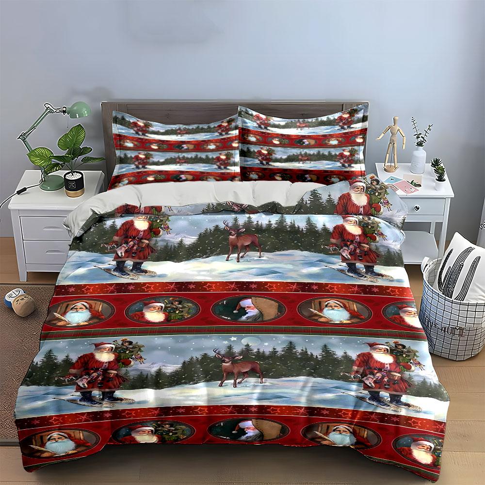 Christmas Santa and Reindeer Scene Bedding Duvet Cover Set (1*Duvet Cover 2*Pillowcases, without duvet insert)