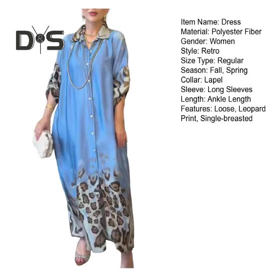 Lady Spring Maxi Dress Lapel Leopard Print Long Sleeves with Cufflink Loose Single-breasted Vintage High Waist Casual Daily Dress