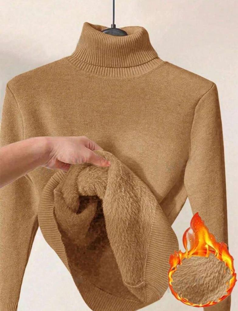 Women's Turtleneck Long Sleeve Knit Top Regular Fit Elegant Casual Sweater Solid Fleece Lined Warm Base Layer