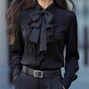 Autumn Women Shirt Lapel Bow Ruffle Design Long Sleeve Shirt Tops Buttons Closure Versatile Fit Shirt Daily Wear
