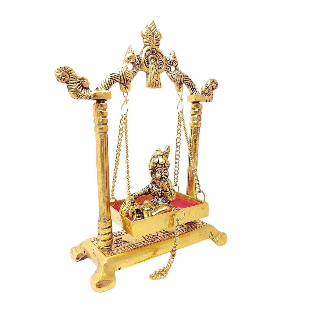 Laddu Gopal On Jhulla Palana Metal Statue Gold Plated Decor Your Home,Office Metal Krishna Murti,Showpiece Figurines,Religious Idol Gift Article.
