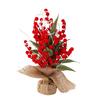 Small Christmas Artificial Plants with Burlap Base Faux Pine Branches with Red Berries/Poinsettias Flower
