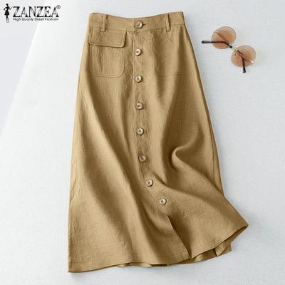 Womens Vintage Loose High Waist A-Line Overskirts Cotton Solid Skirts