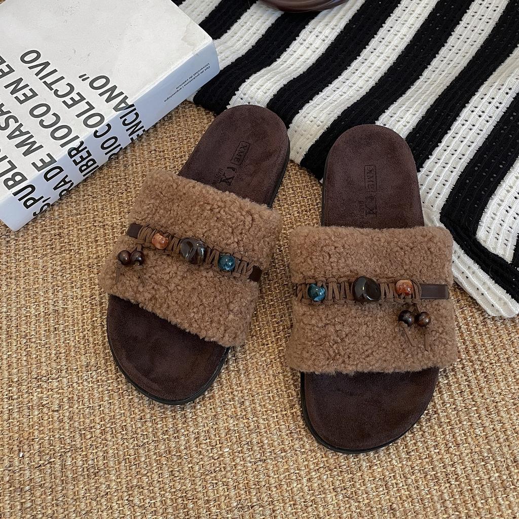 White high-end retro thick-soled heightening fluffy slippers for women's outer wear 2025 new autumn and winter with skirts cotton slippers