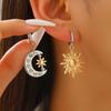 1 par de brincos de argola com design assimétrico, pingente de sol e lua com strass e fecho de alavanca, para uso duplo.
