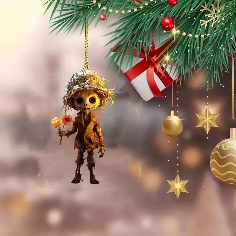 Halloween Skull Wearing Straw Hat And Hold Flower Acrylic Flat Surface Pendant