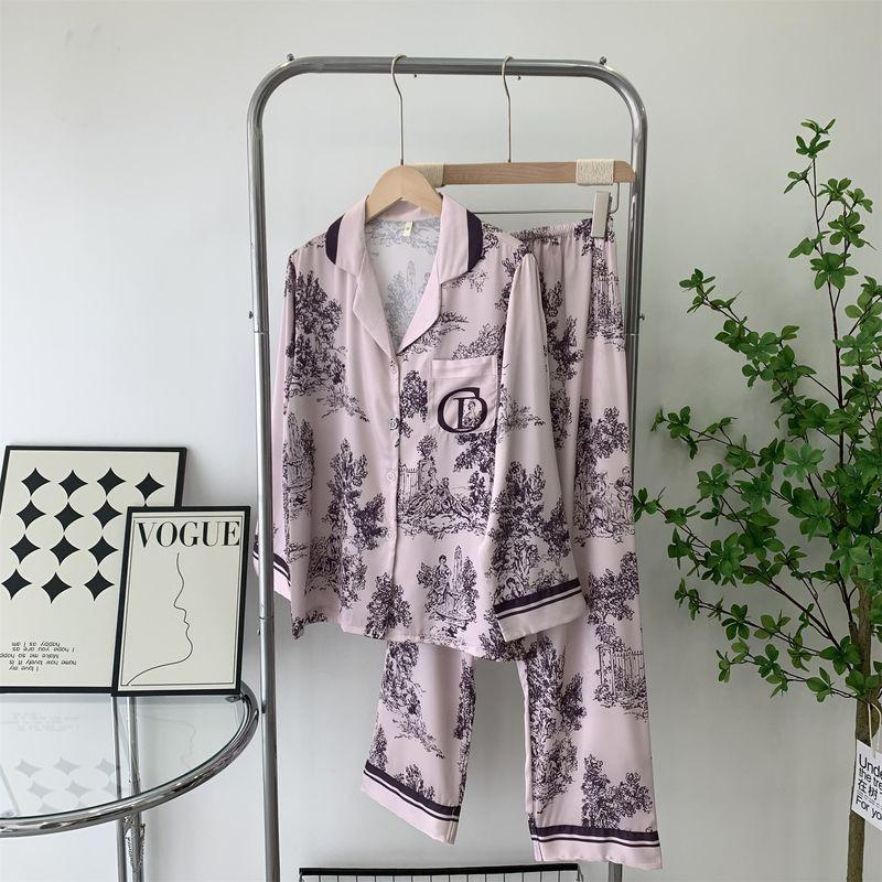 

2024 Spring New Arrival Letter Jacquard Silk Light Lapel Cardigan Women s Pajamas Internet Celebrity Artificial Silk Homewear Purple L