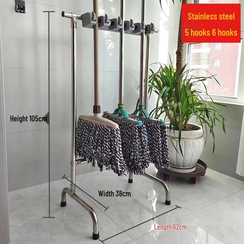 Movable Stainless Steel Mop & Broom Hanger - Floor-Standing Punch-Free Storage Rack for Balcony & Bathroom