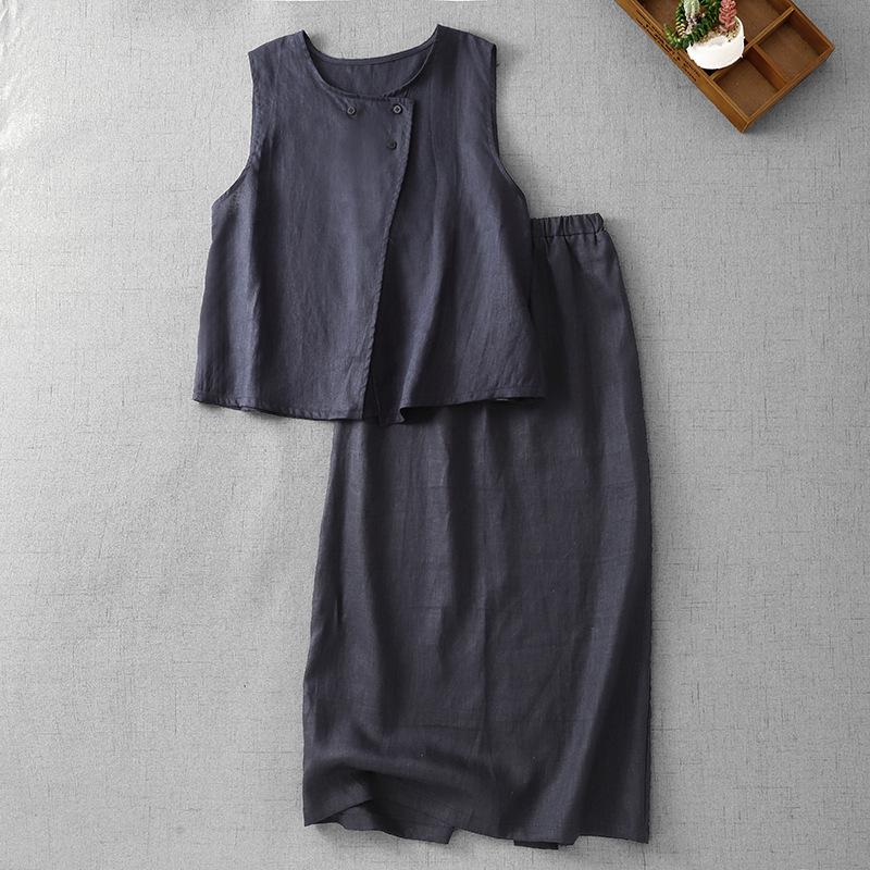 Elegant Women s Two-Piece Set: Sleeveless Vest & High-Waisted Skirt in Luxury Linen for Summer L
