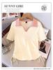 Women's Pure Cotton French Polo Collar V-Neck T-Shirt, Short Sleeve, Loose Fit, Plus Size, Summer 2025 Style