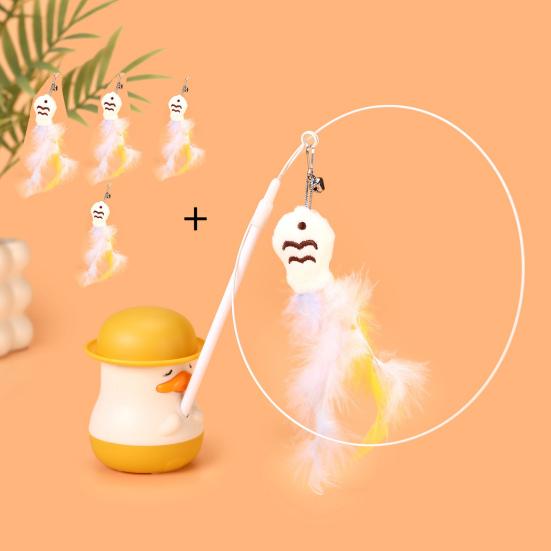 Interactive Cat Teaser Stick Cat Toy with Feathered Fish Interchangeable Teaser Heads 360-Degree Rotating Duck Base Detachable Teaser Wand