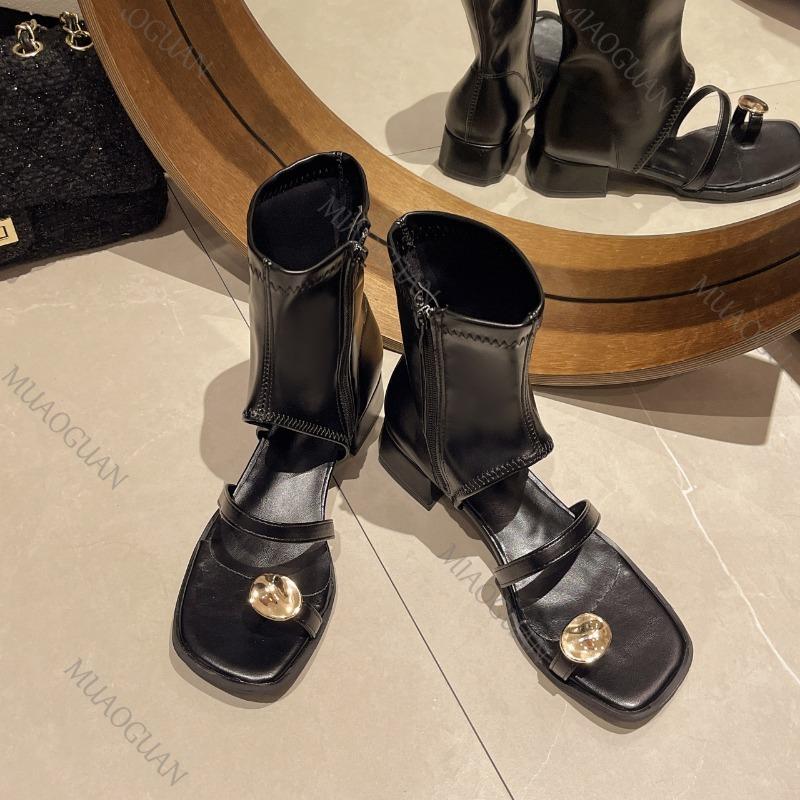 Fashion Women's Shoes Short Sandals 2025 Summer and Autumn New Style Back Zipper Square Toe Mid Heel Clip Toe Casual Sandales Femmes