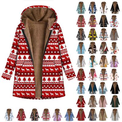 Women's Casual Large Christmas Print Zipper Plush Hooded Long Sleeve Coat With Pockets