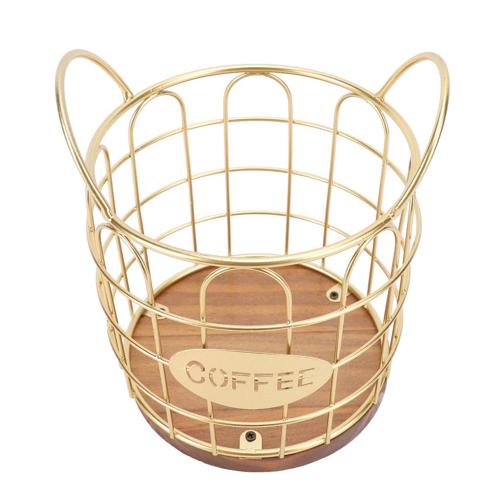 Coffee Pod Holder Iron Wire Weighte Wooden Base Coffee Capsule Storage Basket for Kitchen