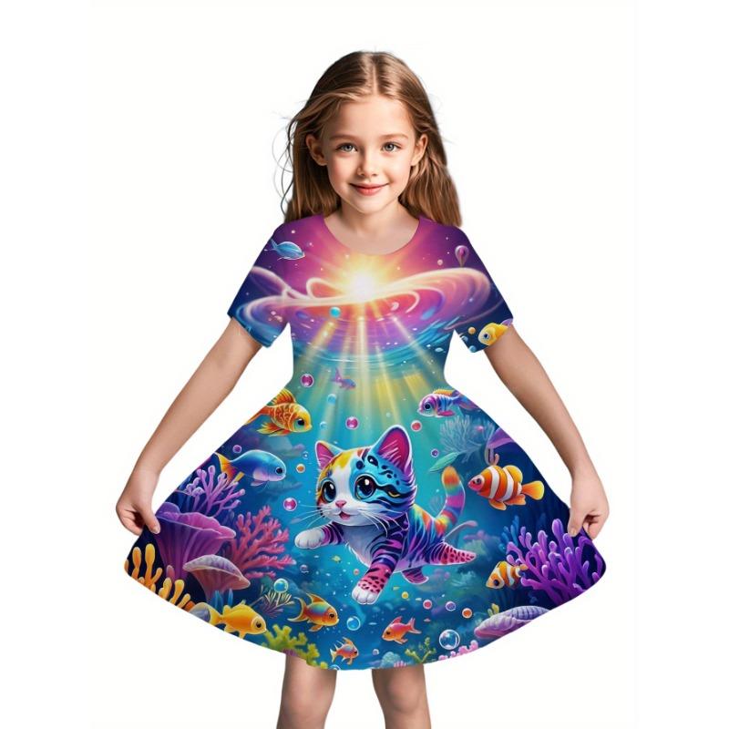 

Casual Short-Sleeve Dress Featuring a Whimsical Kitten Design, Perfect for Holidays, Spring And Summer Outings, Birthday Celebrations 110
