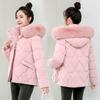 Women Solid Color Short Thickened Cotton Padded Coat With Large Fur Collar Loose Hooded Winter Outerwear