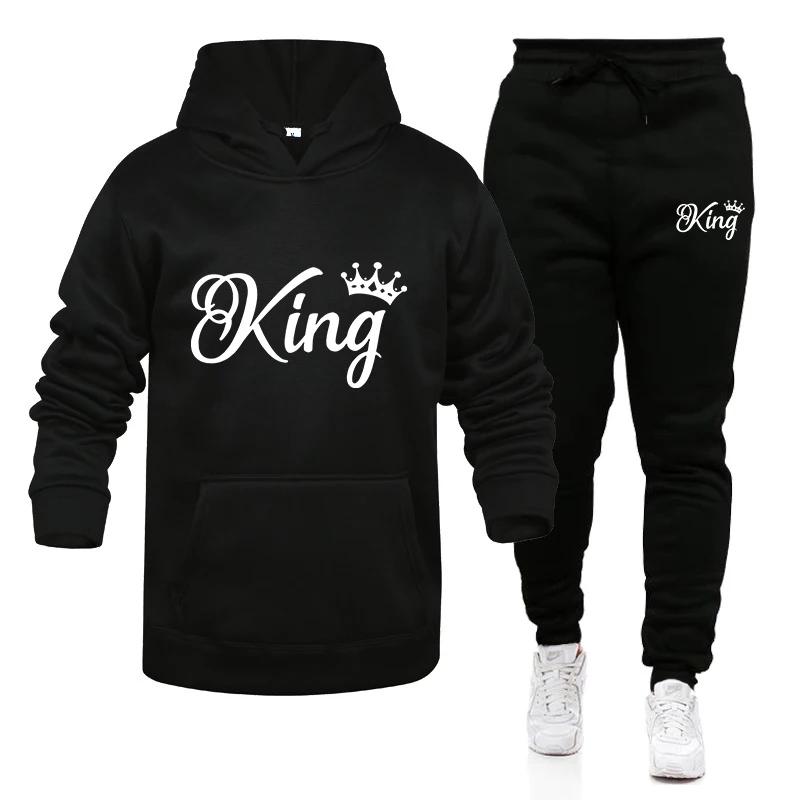 Fashion KING and QUEEN Printed Hooded Suits Autumn Winter Couple Hoodie + Pants 2-piece Suit