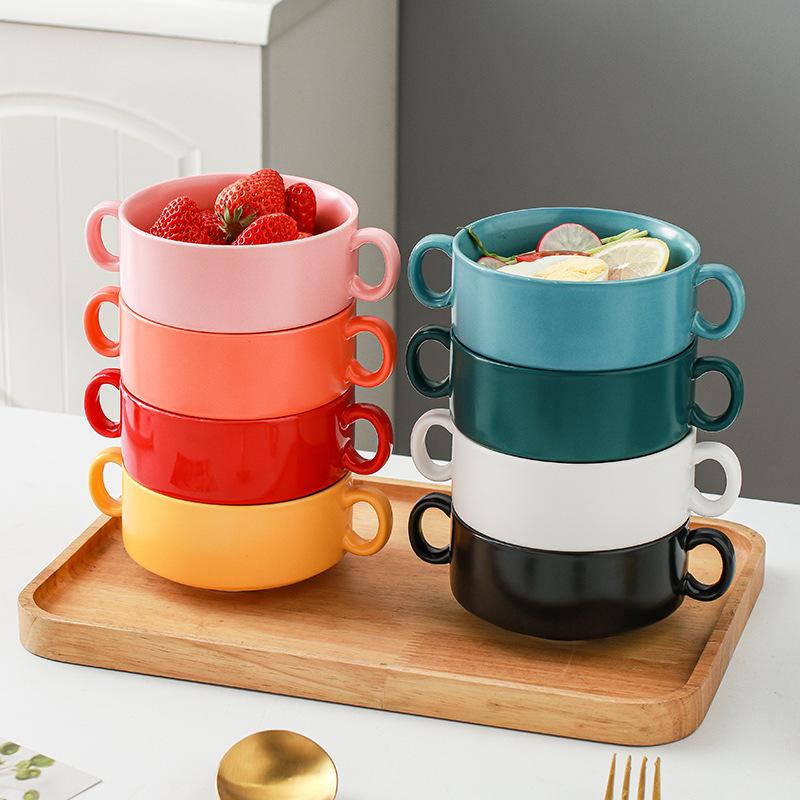 Ceramic Western Soup Cup Binaural Baking Small Bowl Dessert Bowl Bird'S Nest Bowl Tremella Steamed Egg Water-Proof Gift