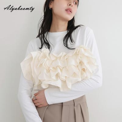 New Arrival Autumn Spring Women Streetwear Tee Stylish Fashion Grey Beige Black Ruffles Patchwork Shirt Elegant Feminine Office Lady Top