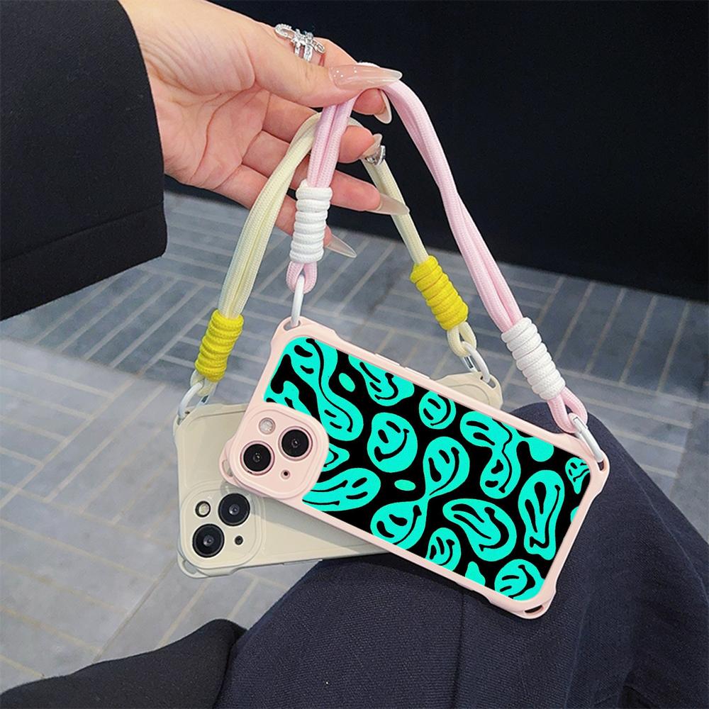 Ae88 Lovely Smiley Art Soft Phone Cases for iPhone 16 15 14 13 12 11 Pro Max XR with Wrist Strap Lanyard Corner Protection Back Cover