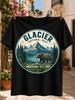 Glacier National Park MontanaMountain Lake Pine Forest Brown Bear and Vintage Round Travel Graphic  Unisex All TShirt