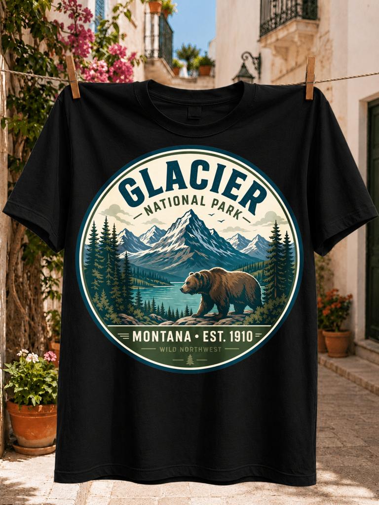 Glacier National Park MontanaMountain Lake Pine Forest Brown Bear and Vintage Round Travel Graphic Unisex All TShirt