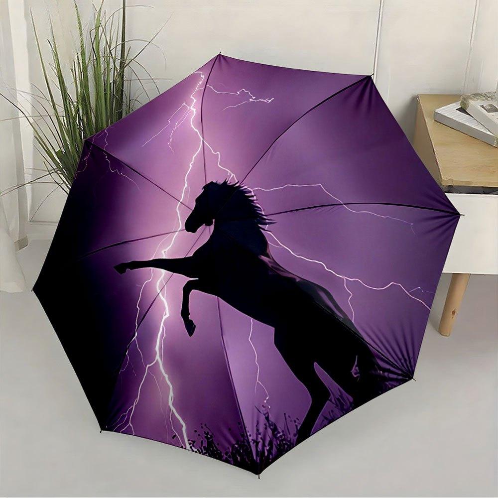 Automatic Opening/Closing Umbrella with Lightning Horse Design - Purple Lightning & Gothic Black Windproof 8-Rib Sturdy Frame,