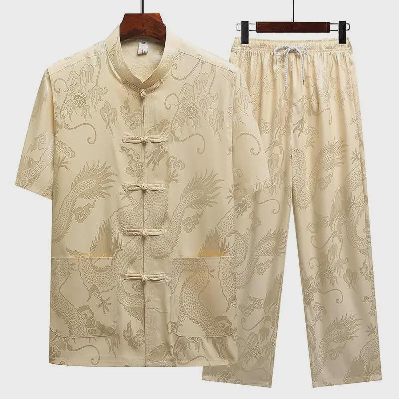 Men’s Ice Silk Tang Suit - Short-Sleeved, Loose-Fit, Chinese Style for Seniors, Ideal for Summer