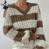 TIFICY Moda damska Casual Jesień Zima Kolor Bloki Nadruk Długi Rękaw Swetry z Dekoltem w Serek