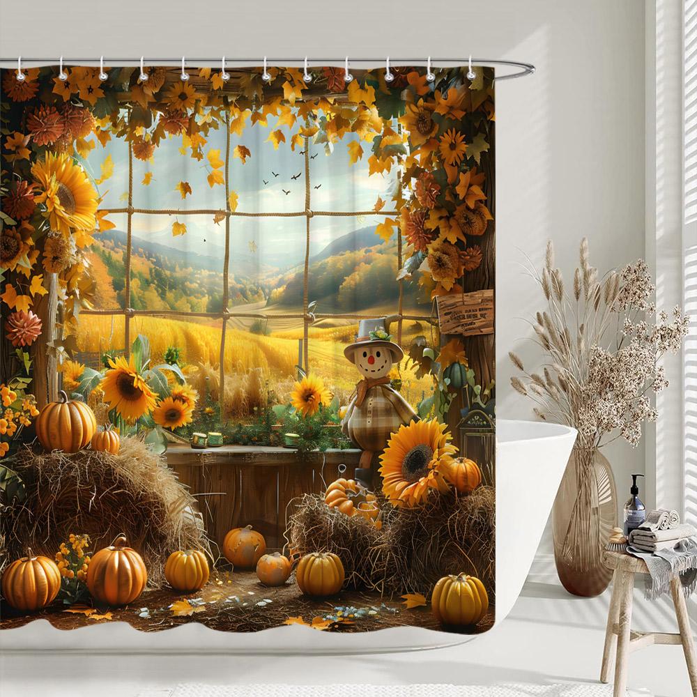 Rustic Farms Pumpkin Shower Curtain Thanksgiving Autumn Sunflower Polyester Fabric Shower Curtain Bathroom Decorative with Hooks